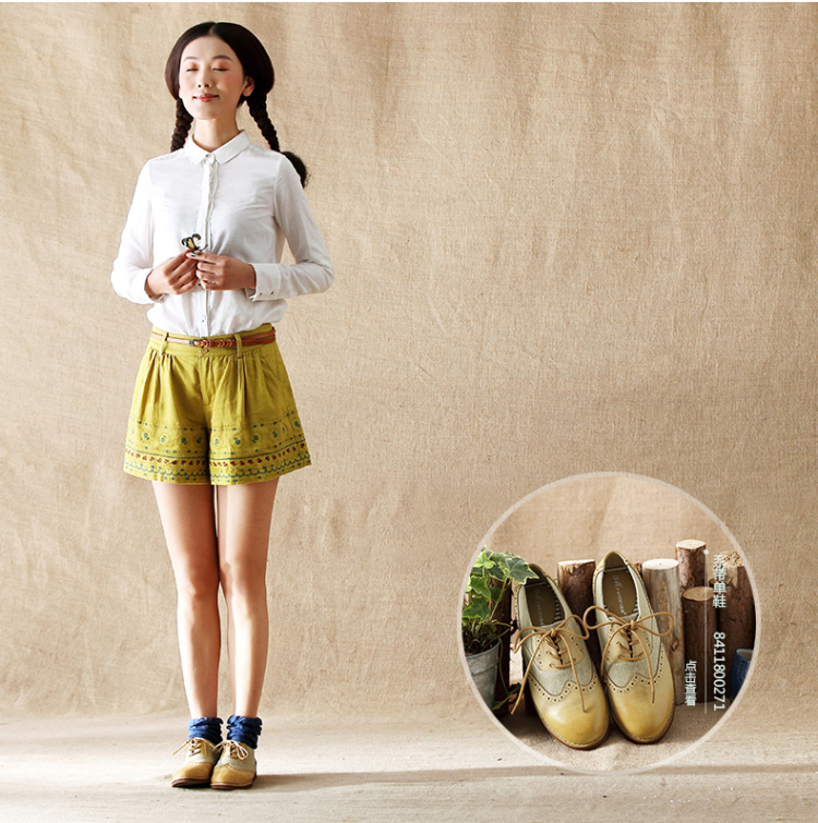 <em>茵曼短裤女</em>夏宽松2014春夏装新款亚麻绣花显
