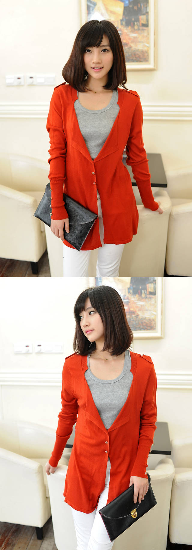 悠莱秋装韩版修身中长款<em>开衫毛衣</em>外套显瘦女款