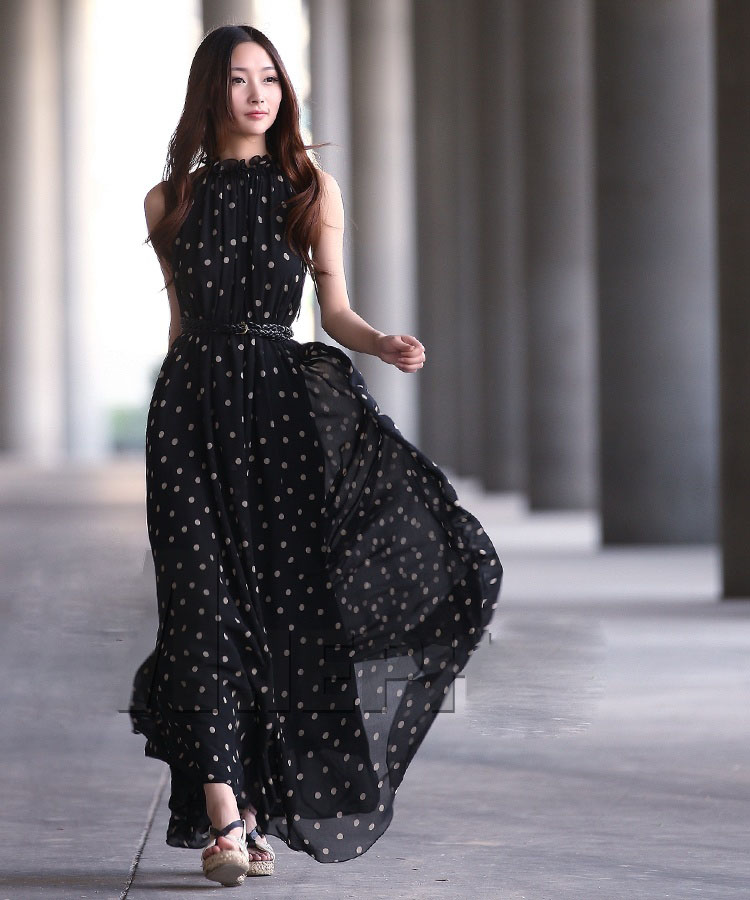 【货到付款】 婕诗娅2014圆点雪纺连衣裙波点