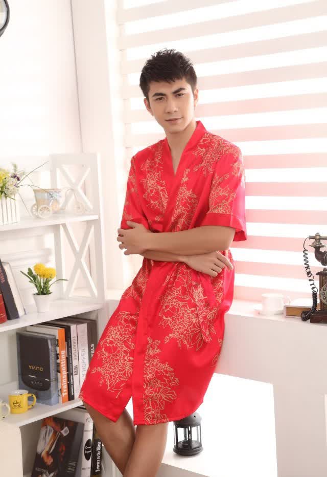 仪静纤雅 大红色<em>本命年</em>结婚情侣<em>睡袍</em>短袖套装