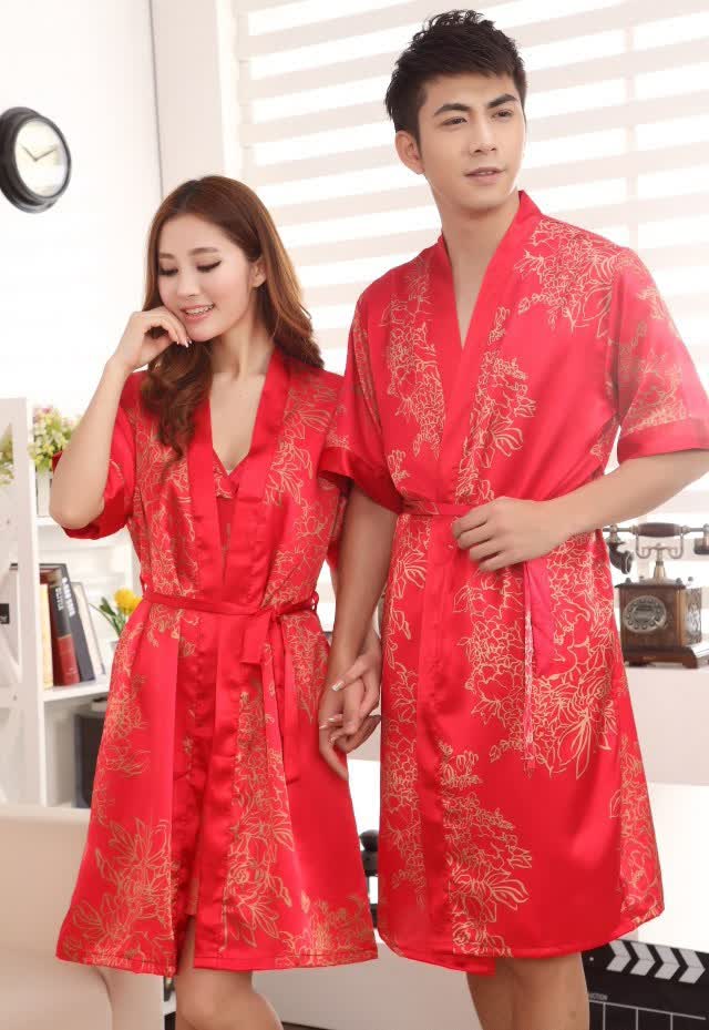 仪静纤雅 大红色<em>本命年</em>结婚情侣<em>睡袍</em>短袖套装