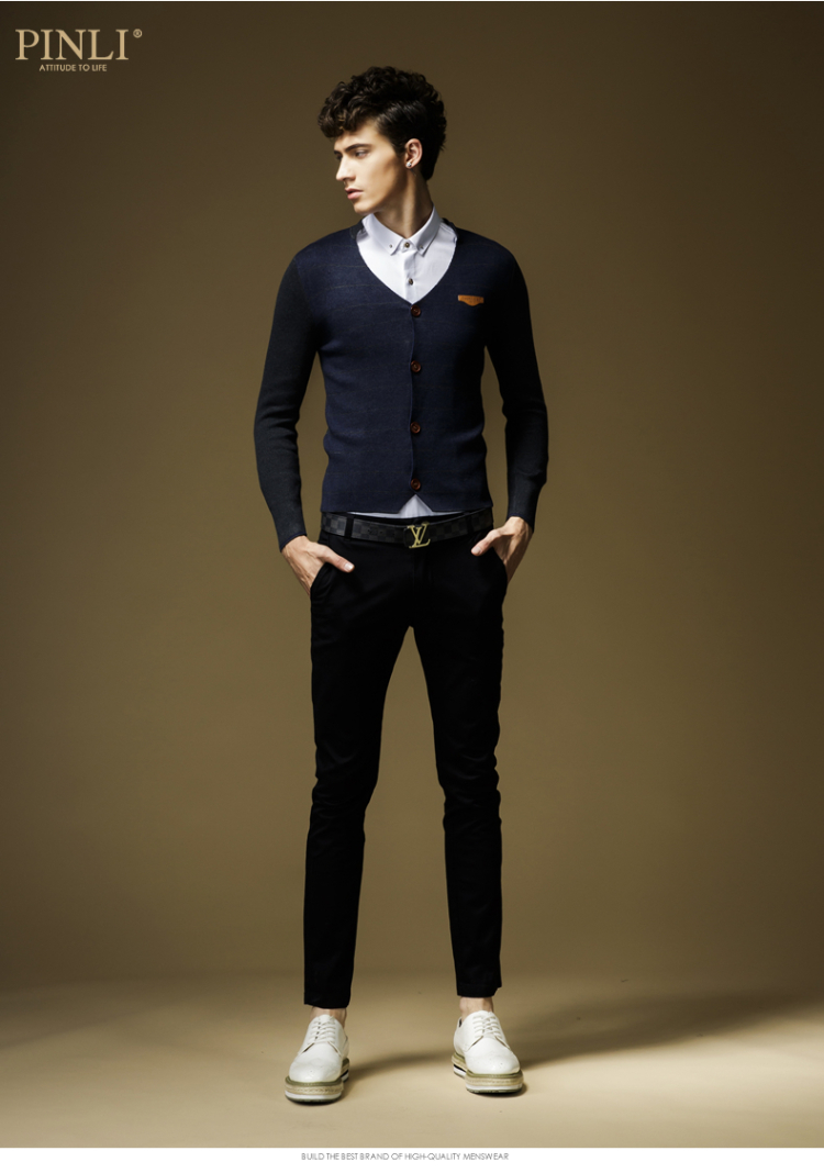 PINLI品立2014<em>春秋</em>新款<em>韩版男士</em>时尚拼色<em>开衫</em>