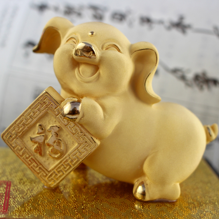 24K黄金千足镀金绒沙金十二生肖猪摆件 金猪