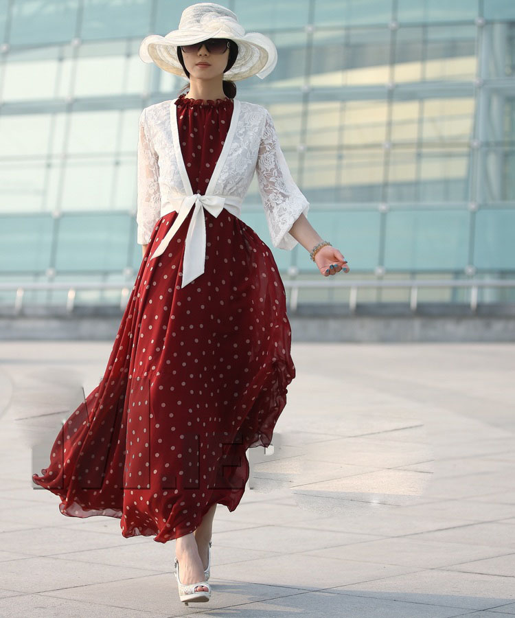 【货到付款】 婕诗娅2014圆点雪纺连衣裙波点