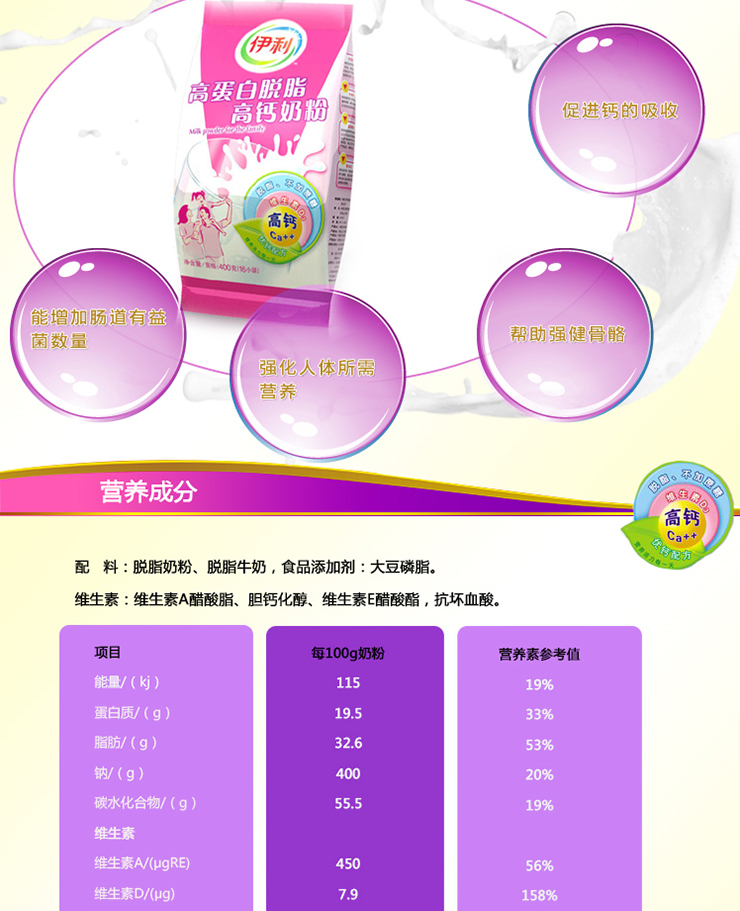 伊利 高蛋白脱脂高钙奶粉 4袋x400g价格、图片