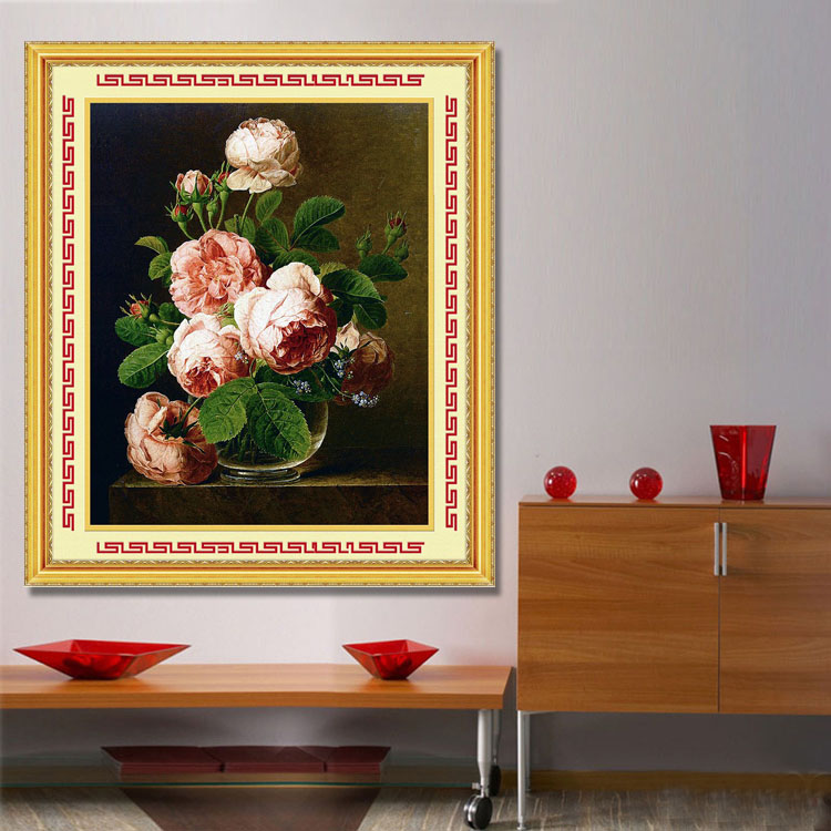 千尚精准印布十字绣花卉 餐厅/卧室油画花瓶系列 娇艳欲滴/名画油画玫瑰/花瓶玫瑰 货到付款 娇艳欲滴+棉线中格11ct