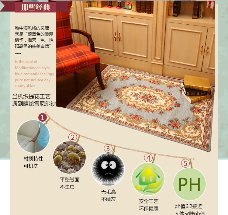 
                                        易普美家 卧室床边客厅茶几地垫 欧式布艺环保薄美式田园电脑椅飘窗垫 ES201咖啡 900MMx1400MM                