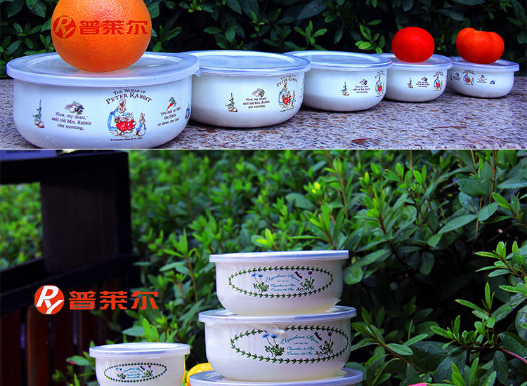 普莱尔 珐琅瓷储存碗搪瓷保鲜冰泡面五件套 7300011 春天花 10-18cm
