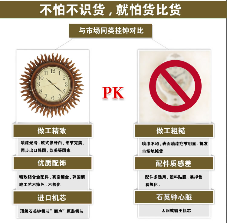 丽盛仿古太阳创意时尚挂钟静音欧式田园仿古客厅石英钟表摆钟个性时钟挂表挂钟圆形钟表 木色
