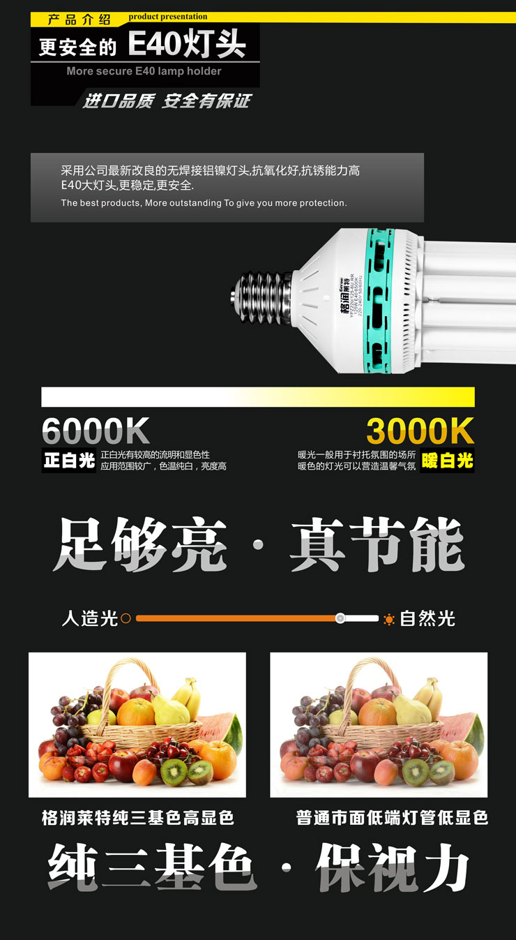
                                        格润莱特6U型125W节能灯泡 E40螺旋口大灯头三基色白光 大瓦数仓库工厂路灯工程用灯泡 单只装                