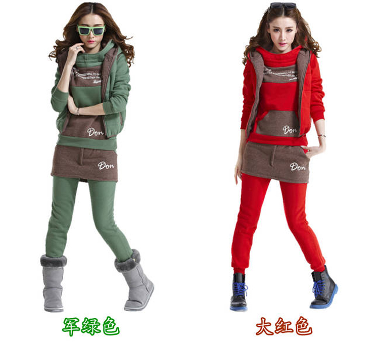 迪聖凯尼 2015秋季新品冬装休闲套装运动服大码加绒加厚卫衣女三件套005 大红色 XXL