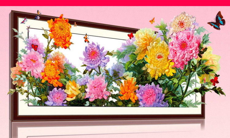 
                                        悠趣 手工绣丝带绣套件 吉祥如意 牡丹花开 客厅装饰挂画 花开富贵春 A-317(小版170x75CM)                