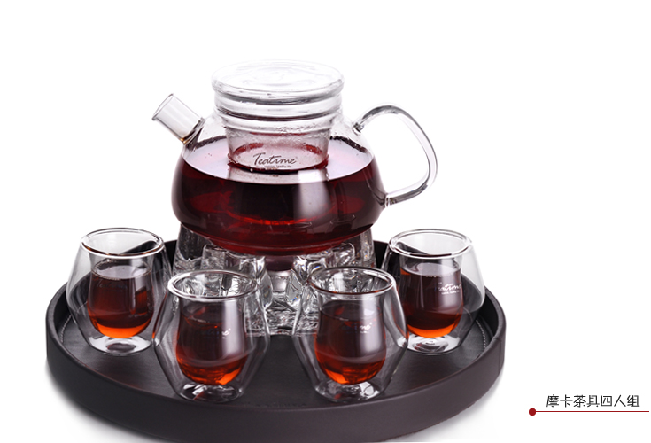 听海品茗Teatime 整套大摩卡工夫茶具  含玻璃大容量茶壶双层茶杯茶座茶盘套装