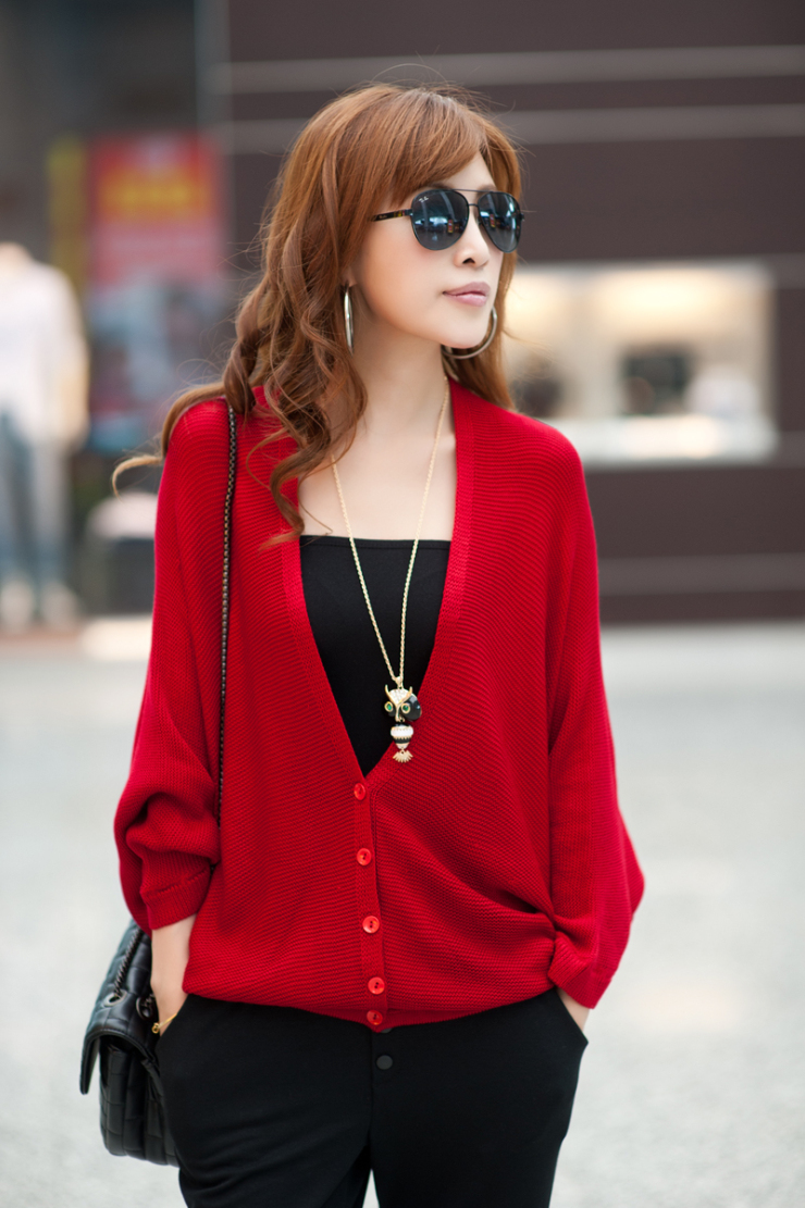 韩版宽松蝙蝠衫V领女装九分袖纯色<em>针织</em>衫<em>外套</em>