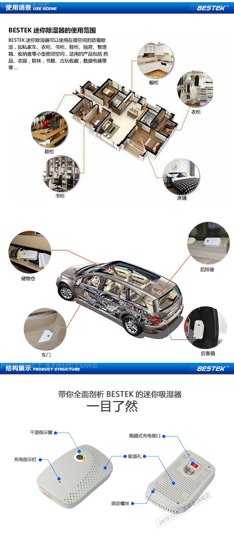 
                                        
                                        百事泰（BESTEK）迷你除湿器 高效环保抽湿机家用小型干燥器 车用无线衣柜防潮器 可循环性吸湿器 BTMD01小                