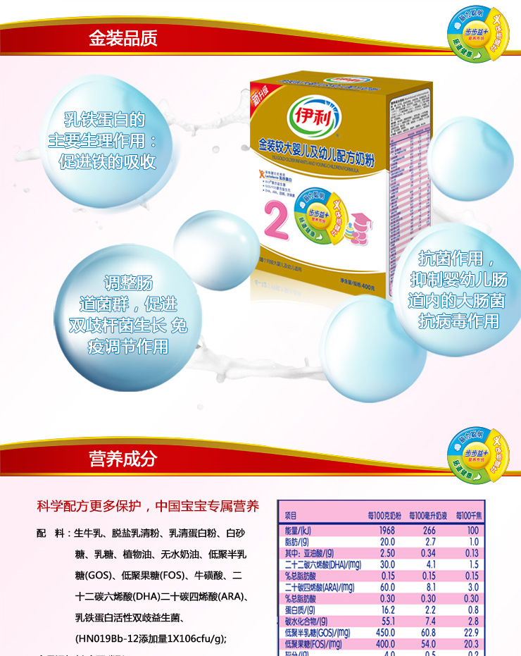 伊利 金装较大婴儿及幼儿配方奶粉 4盒x400g价