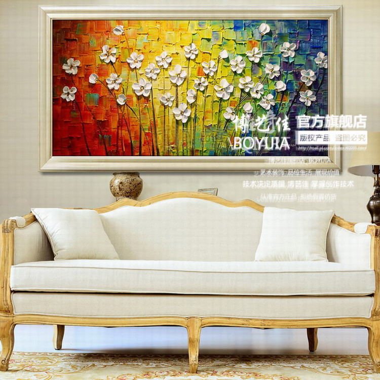 博艺佳【花儿向阳】家居装饰画纯手绘油 中式风景油画 高档有框画门厅餐厅走廊装饰 第一幅 70*140CM