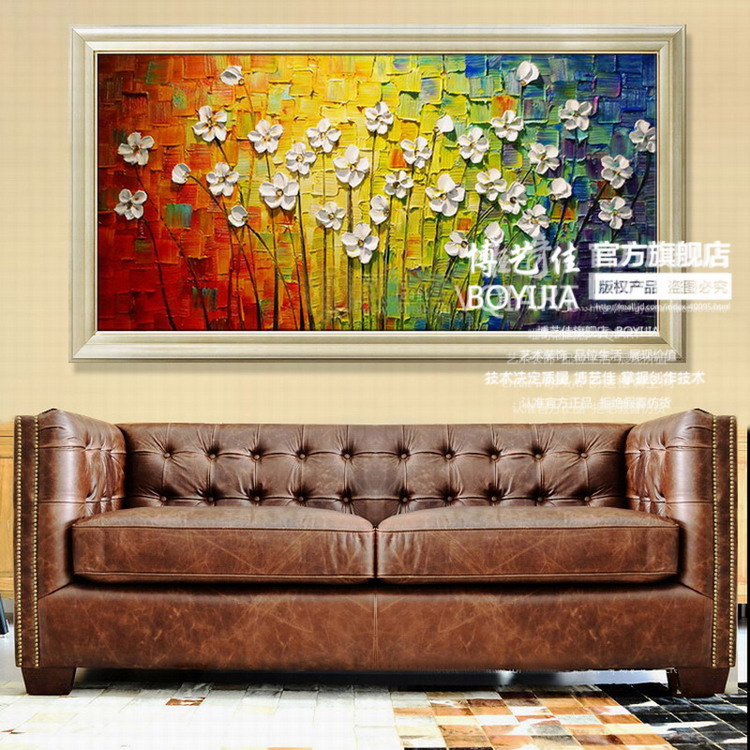 博艺佳【花儿向阳】家居装饰画纯手绘油 中式风景油画 高档有框画门厅餐厅走廊装饰 第一幅 70*140CM