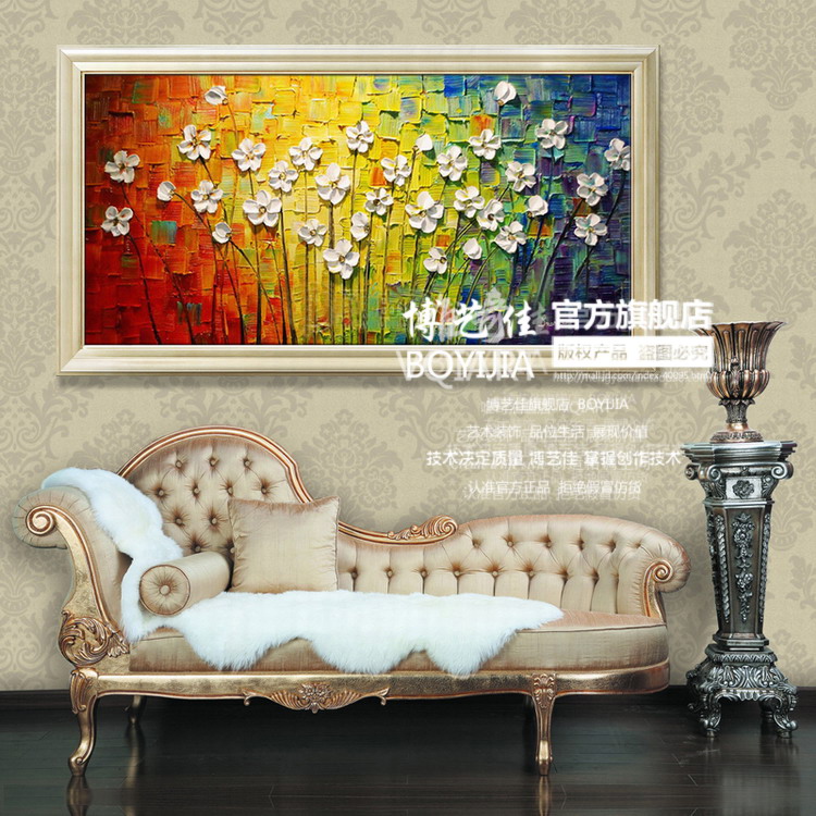 博艺佳【花儿向阳】家居装饰画纯手绘油 中式风景油画 高档有框画门厅餐厅走廊装饰 第一幅 70*140CM