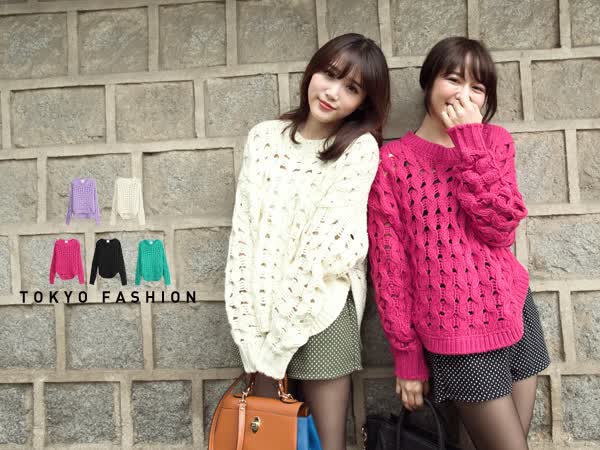 东京着衣 <em>织</em>麻花镂空<em>前短后长毛衣</em>3013749 浅