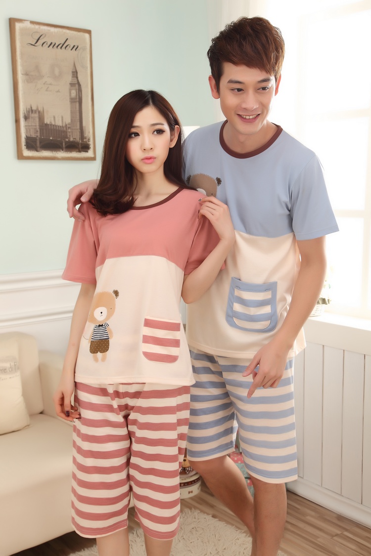 男士睡衣夏季情侣条纹睡衣女夏纯棉短袖睡衣套