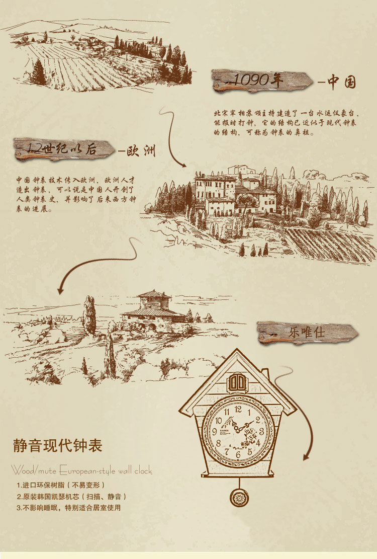 
                                        森林小屋时钟表尚欧式简约挂钟KC201 木色                