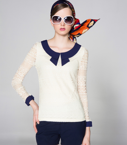 京东商城 OSA欧莎女装春装新款撞色 蕾丝上衣