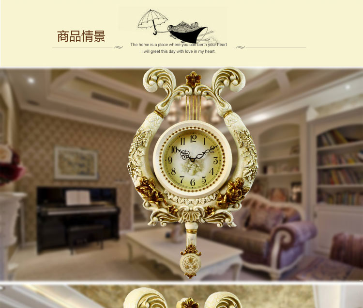 丽盛罗马竖琴欧式静音复古壁挂钟创意客厅石英钟卧室时钟挂表时尚钟表别墅办公室挂表 D604FS