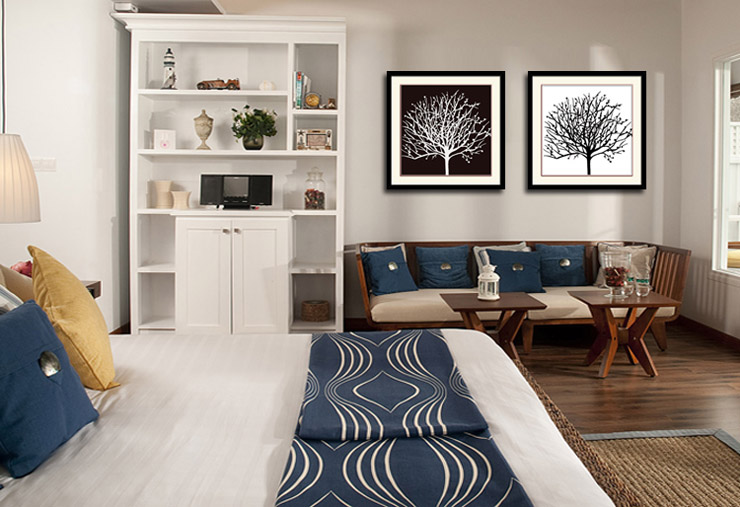 【蓝果】黑白发财树有框画客厅沙发背景墙现代