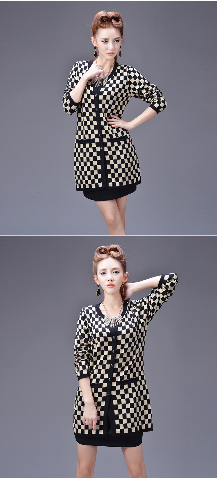 yoomito2013秋冬欧美格子修身针织<em>开衫羊毛</em>衫