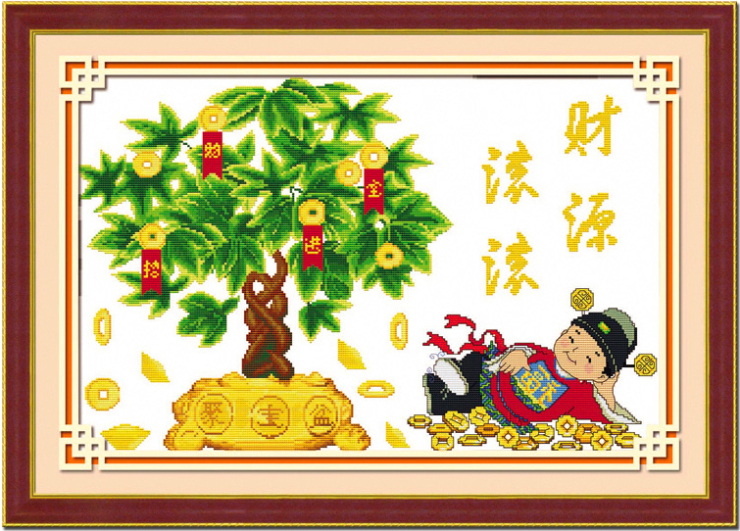 
                                                            印花布十字绣生意兴隆招财进宝摇钱树财神爷财源滚滚客厅大幅                
