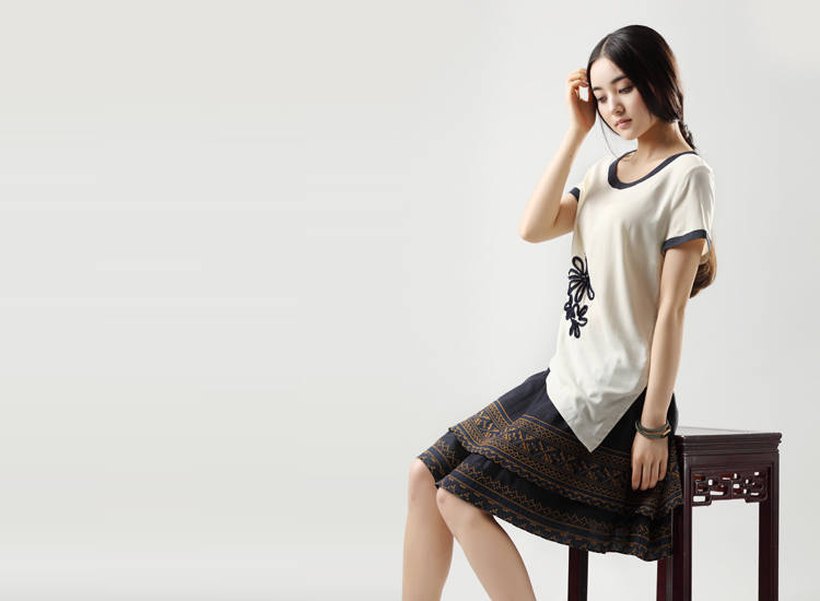 detree<em>地树</em> 2014夏装<em>女装</em>拼色手工盘花弧形斜
