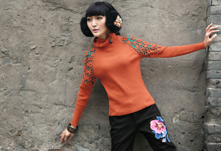 裂帛 2013秋冬<em>高领</em>打底衫<em>手工</em>钩花修身<em>毛衣女</em>