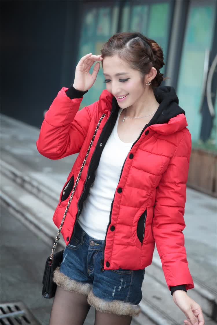 艾伊一2013秋冬韩版<em>毛呢</em>连帽<em>女外套短款</em>羽绒