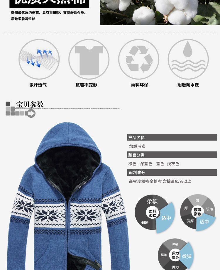 零陆零叁秋冬男士<em>加绒加厚毛衣外套</em>连帽加针织