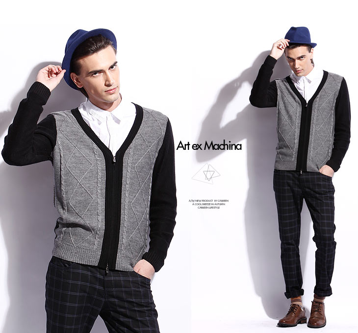 卡宾男<em>薄开衫毛衣</em>外套 V领拼色后幅镂空潮休闲