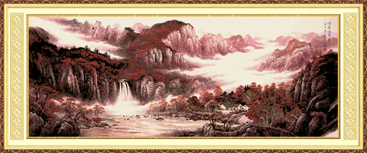 
                                        世轩精准印花十字绣鸿运当头之聚宝盆风景山水画十字绣客厅大画非成品 11CT精准印花棉线                