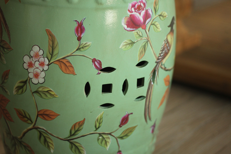 鸟与花家欧式美式乡村家居装饰品梳妆凳换鞋凳子手绘花鸟陶瓷鼓凳 绿色TC212A