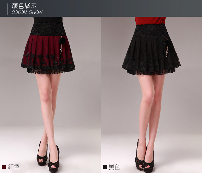 yikiro2015秋冬新款韩版三层蕾丝百折松紧腰半身裙短裙公主打底裙 Y1105 黑色 L-大码