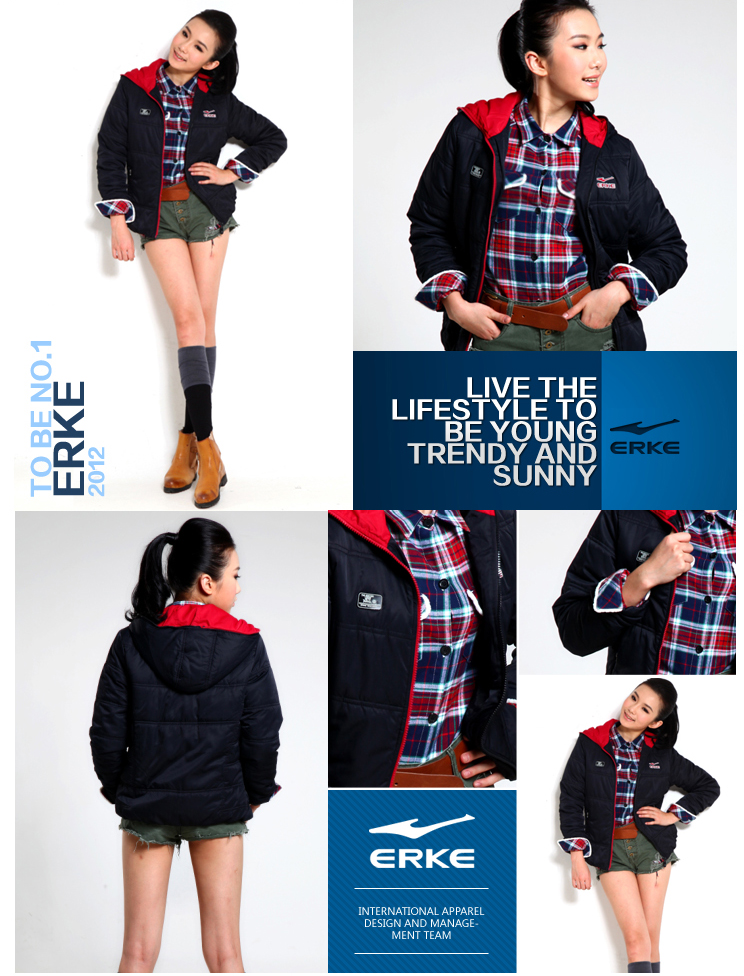 <em>鸿星尔克</em>erke 时尚保暖<em>女装外套</em> 连帽短款女棉