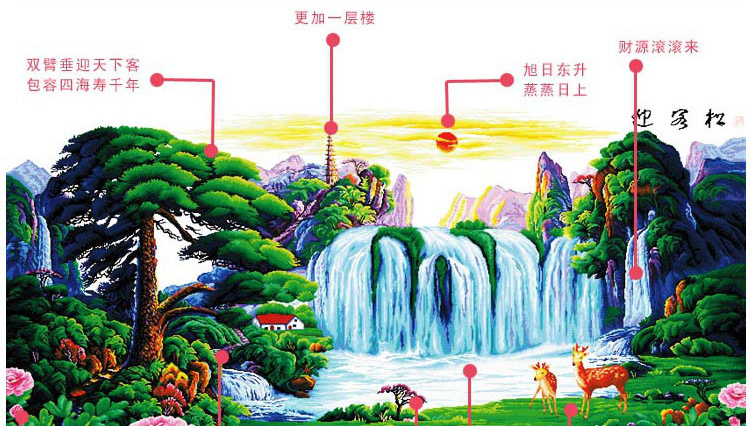 钟爱一生 印花十字绣客厅新款大幅迎客松福禄版财运风景山水画聚宝盆旭日东升 棉线3股绣2米