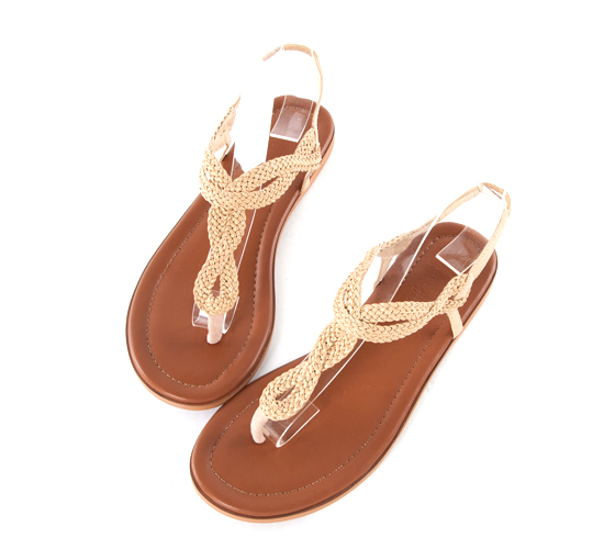 清仓!gracegift编织休闲女式凉鞋 夹脚罗马平底凉鞋980-15 气质杏 39