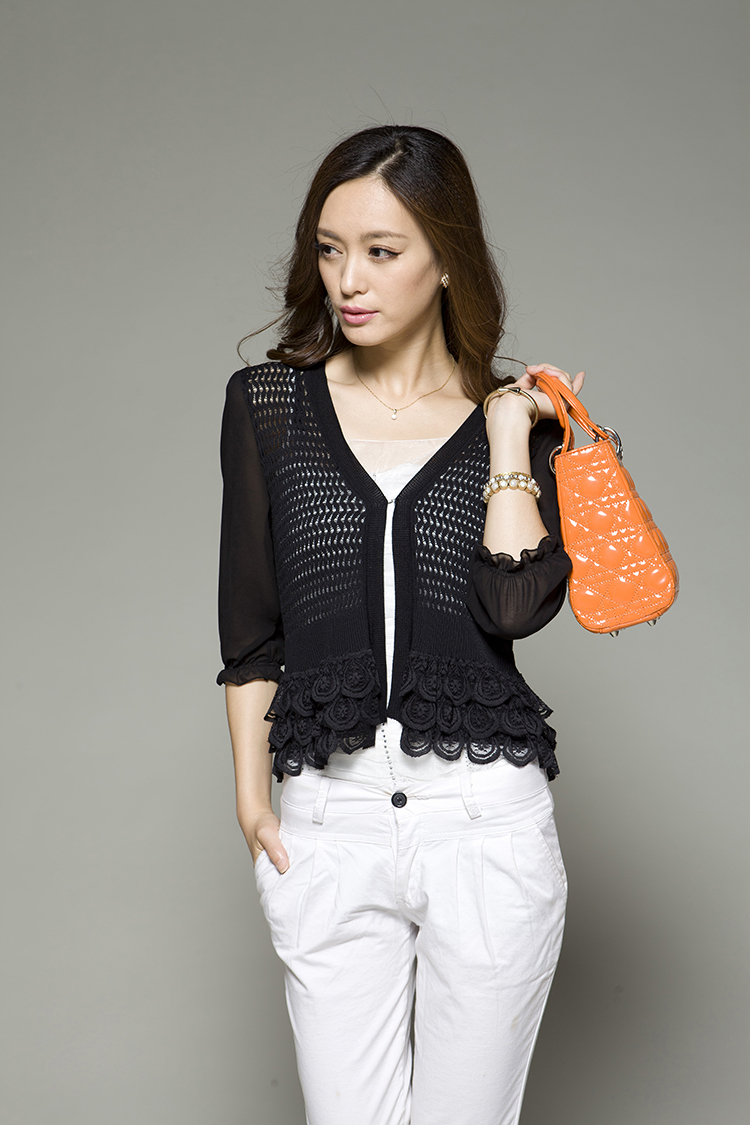 2014春韩版薄<em>开衫</em>针织衫长袖短款百搭蕾丝花