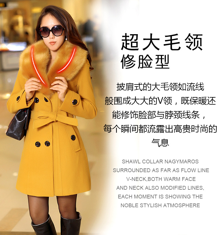 奢麦2015秋冬装新款毛呢外套女中长款修身韩版毛领毛呢子大衣BJ3018 红色 XXL