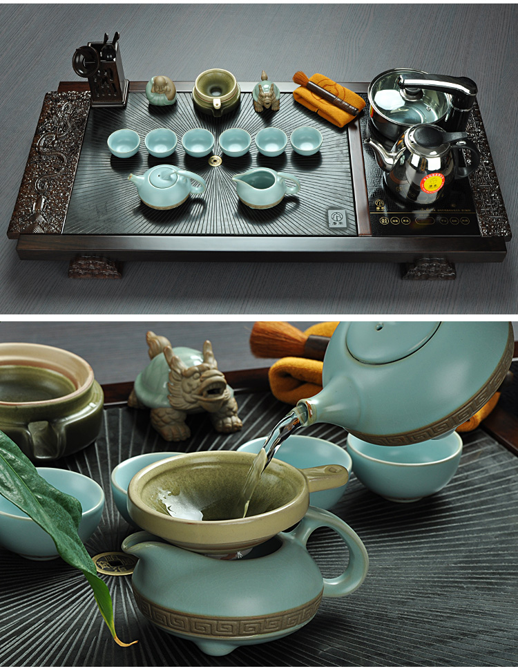 唐丰 整套功夫茶具套装 黑檀木黑金石乌金石组合 实木茶盘 抽水烧水电热炉电磁炉1241 A款祥云诗境-紫砂大富