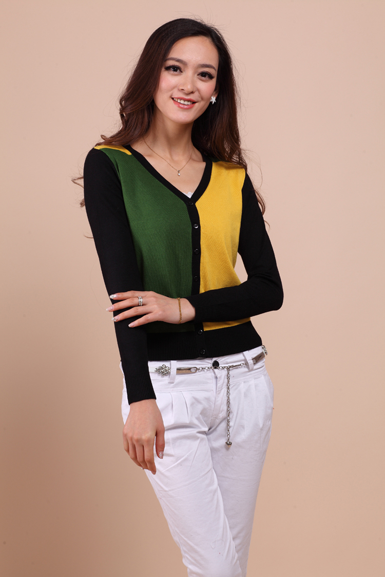 淘特暖2014春装<em>新款</em>女装<em>羊绒衫</em>撞色<em>开衫</em>外套