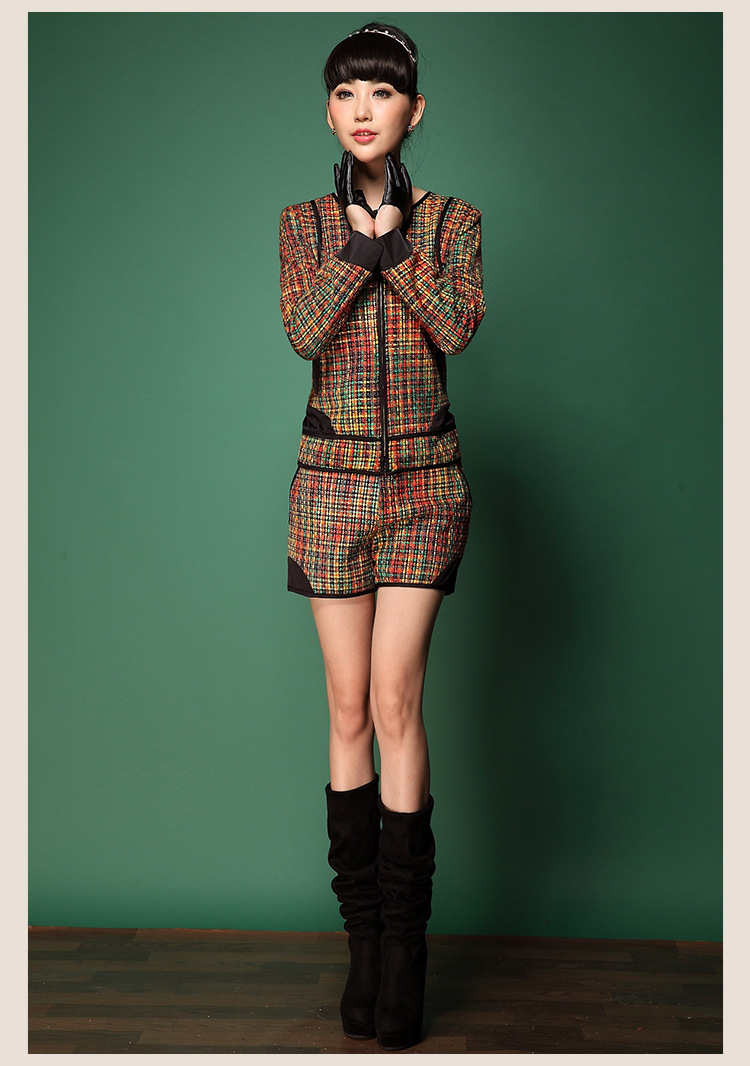 葵花向日 英伦风时尚小格子短<em>外套短裤套装</em>K9