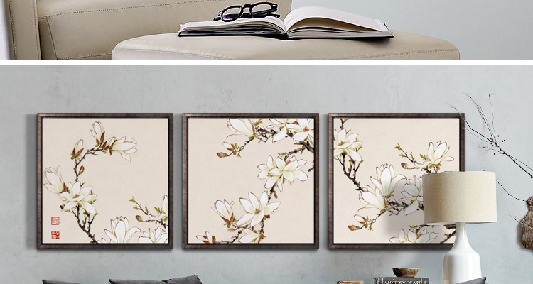 
                                        墙蛙wallwa 曾杏绯玉兰 中式花卉客厅卧室有框装饰画国画壁画墙画 一套棕木纹 布艺画加框65cmX65cm                