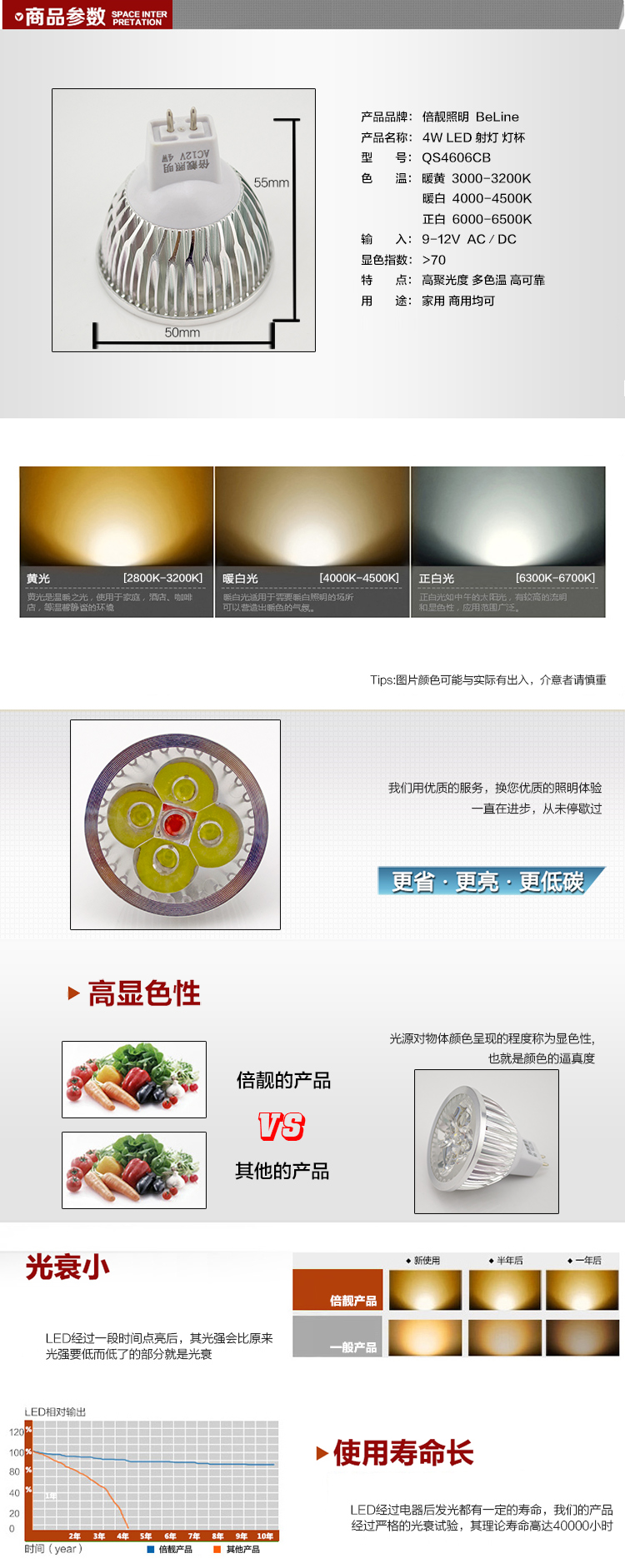 
                                                                                倍靓LED12V交直流射灯灯杯4W小开孔插脚灯泡50mm需配变压器可送插头MR16 4606CB 暖黄                