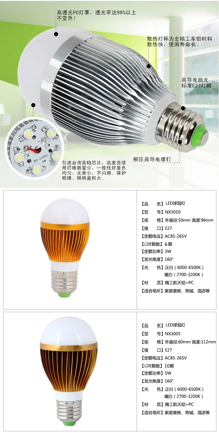 樱耀光电 LED灯泡节能灯 3W 5W 7W 9W E27大螺口超亮 正白-E27 7W